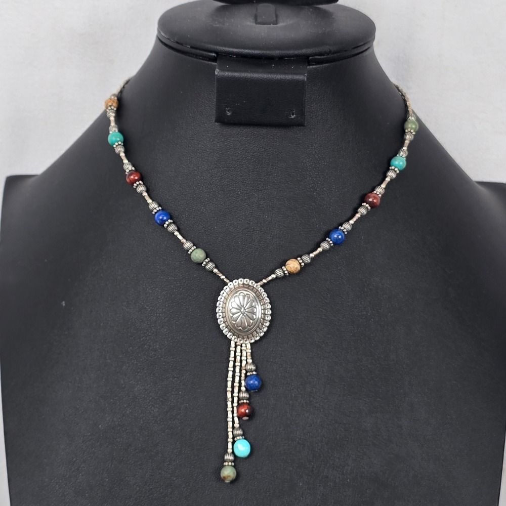 Southwestern Native Style Beaded Concho Sterling Silver Necklace Turquoise Lapis